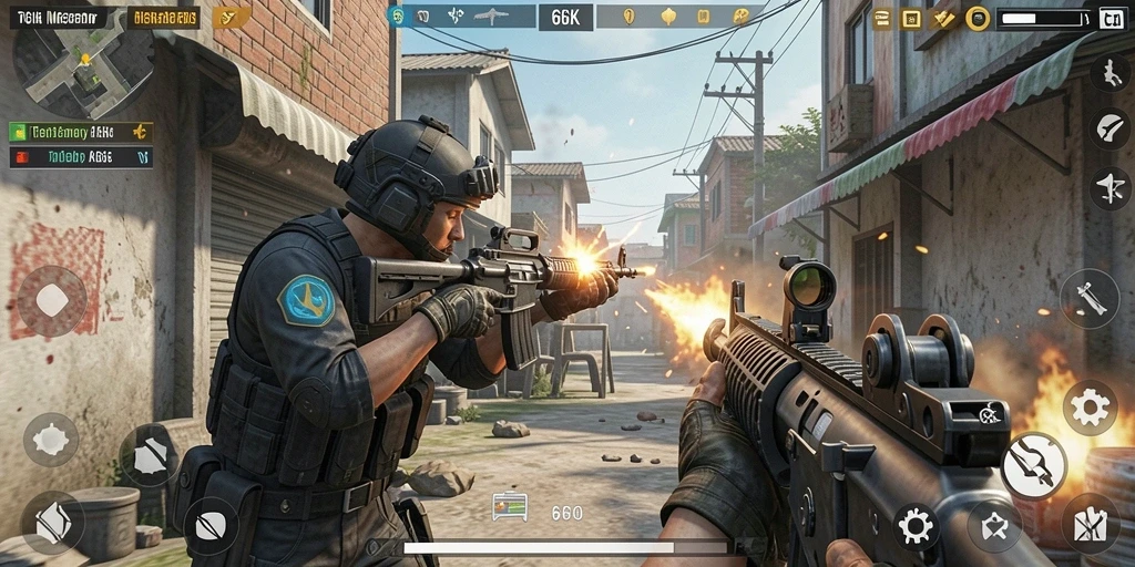 Tangkapan layar utama dari gameplay seru 66K dengan aksi tembak menembak.