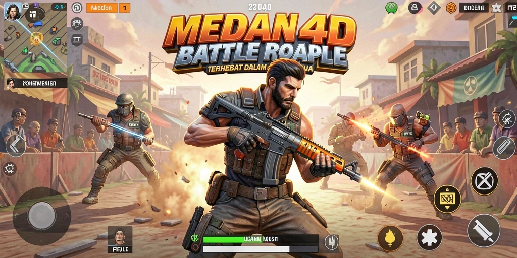 Screenshot gameplay MEDAN4D menampilkan aksi pertempuran yang intens di arena Battle Royale.