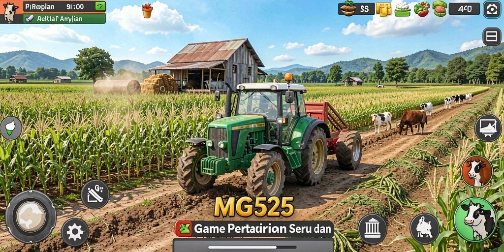 Tampilan gameplay MG525 dengan suasana pertanian yang asri dan interaktif.