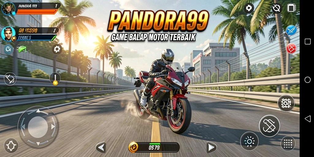Screenshot gameplay PANDORA99 menampilkan balapan motor yang mendebarkan.