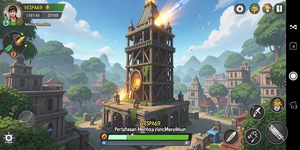 Tampilan gameplay menara terlarang dalam VESPA69 yang menantang.